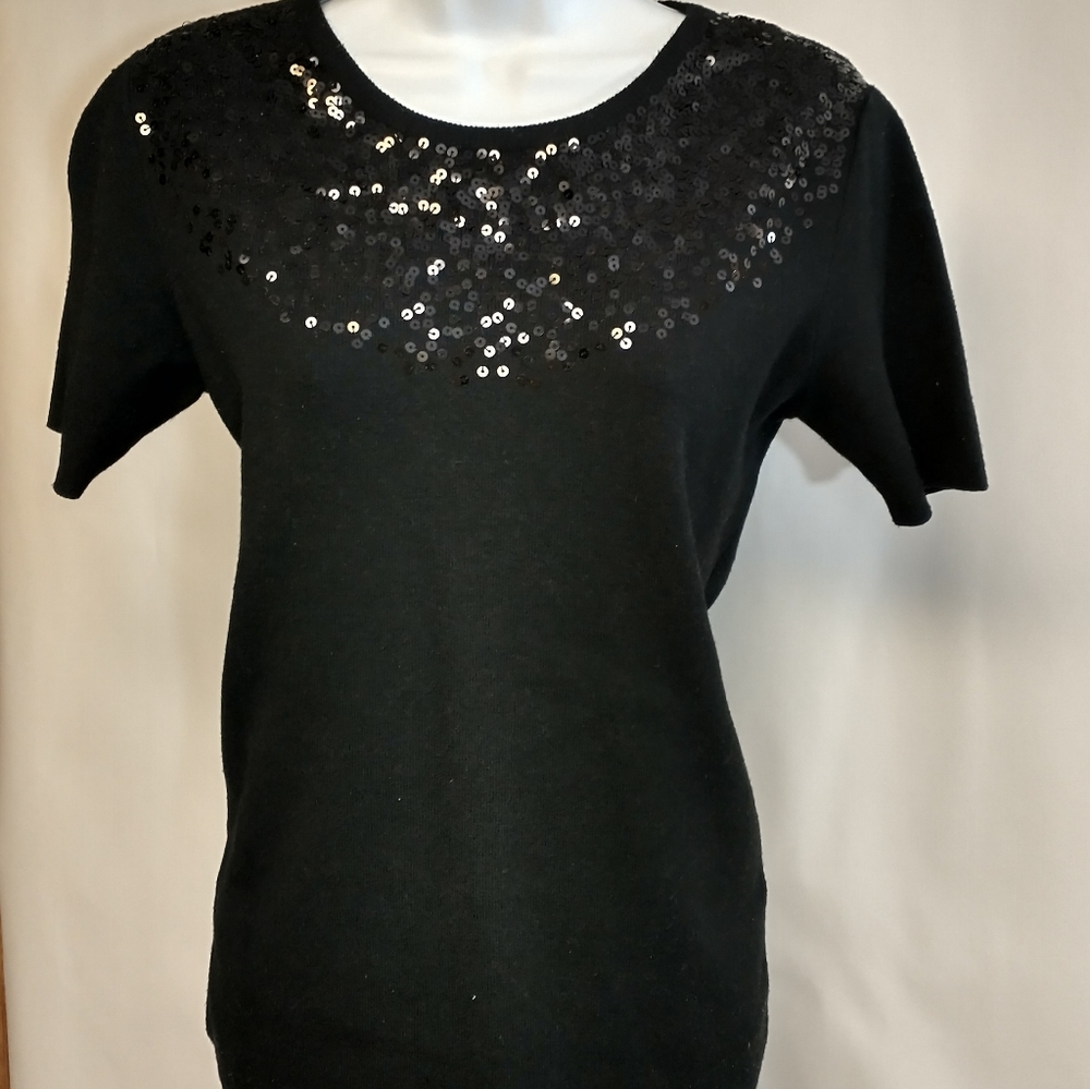 Tahari Sequin Pullover Short Sleeve Knit Sweater Black Size 8